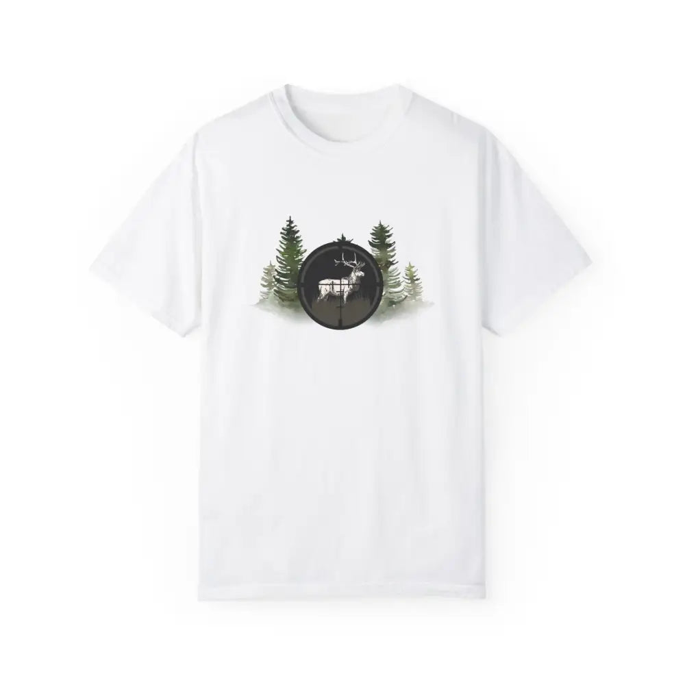 White short-sleeved hunting inspired t-shirt with forest deer graphic