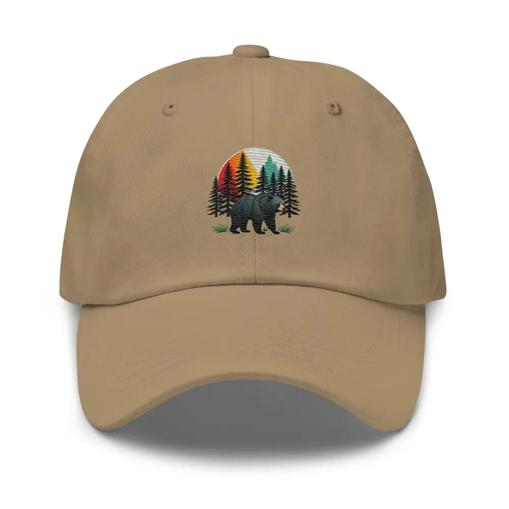Forest Guardian Black Bear Dad embroidered hat in chino cotton twill with forest sunset