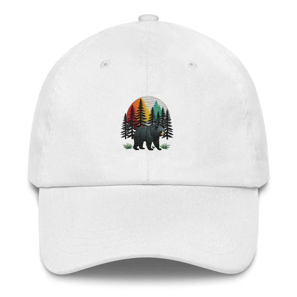 White baseball cap with forest guardian black bear dad embroidered design in chino cotton twill