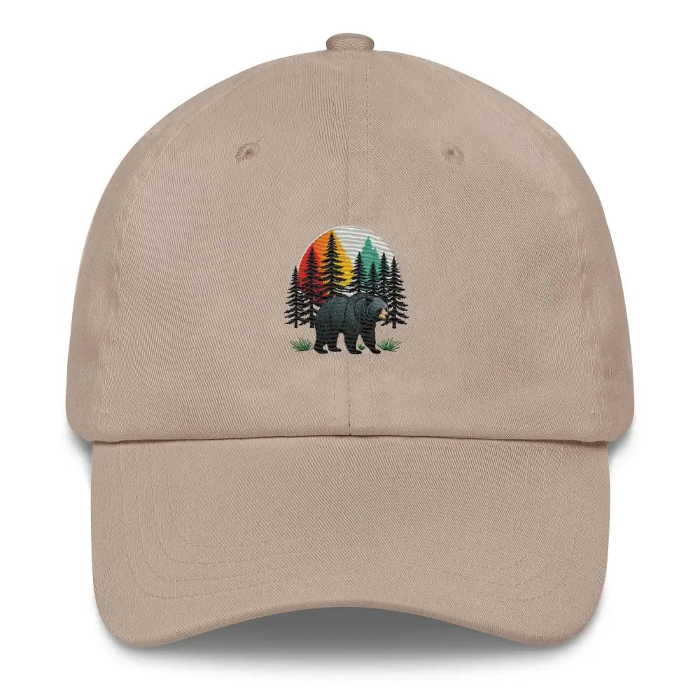 Light beige Forest Guardian black bear dad embroidered hat in chino cotton twill