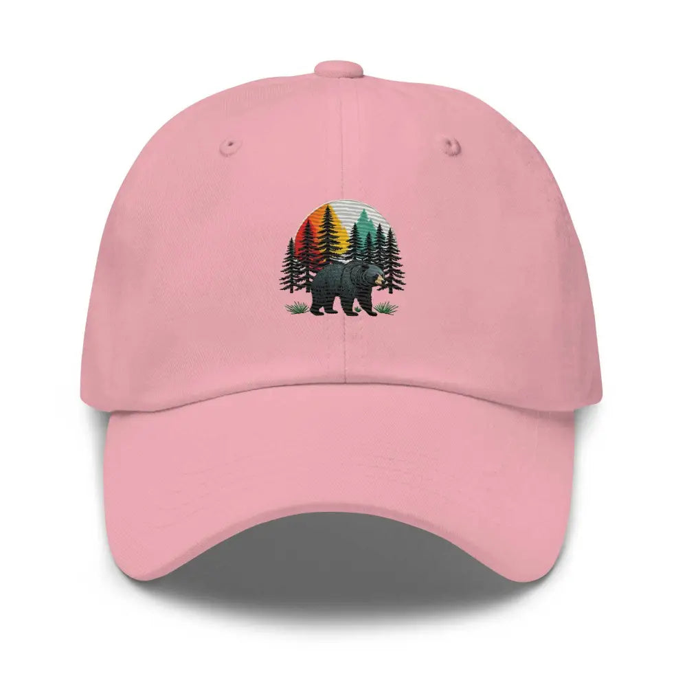 Pink baseball cap with embroidered forest guardian black bear dad and forest design in chino cotton twill