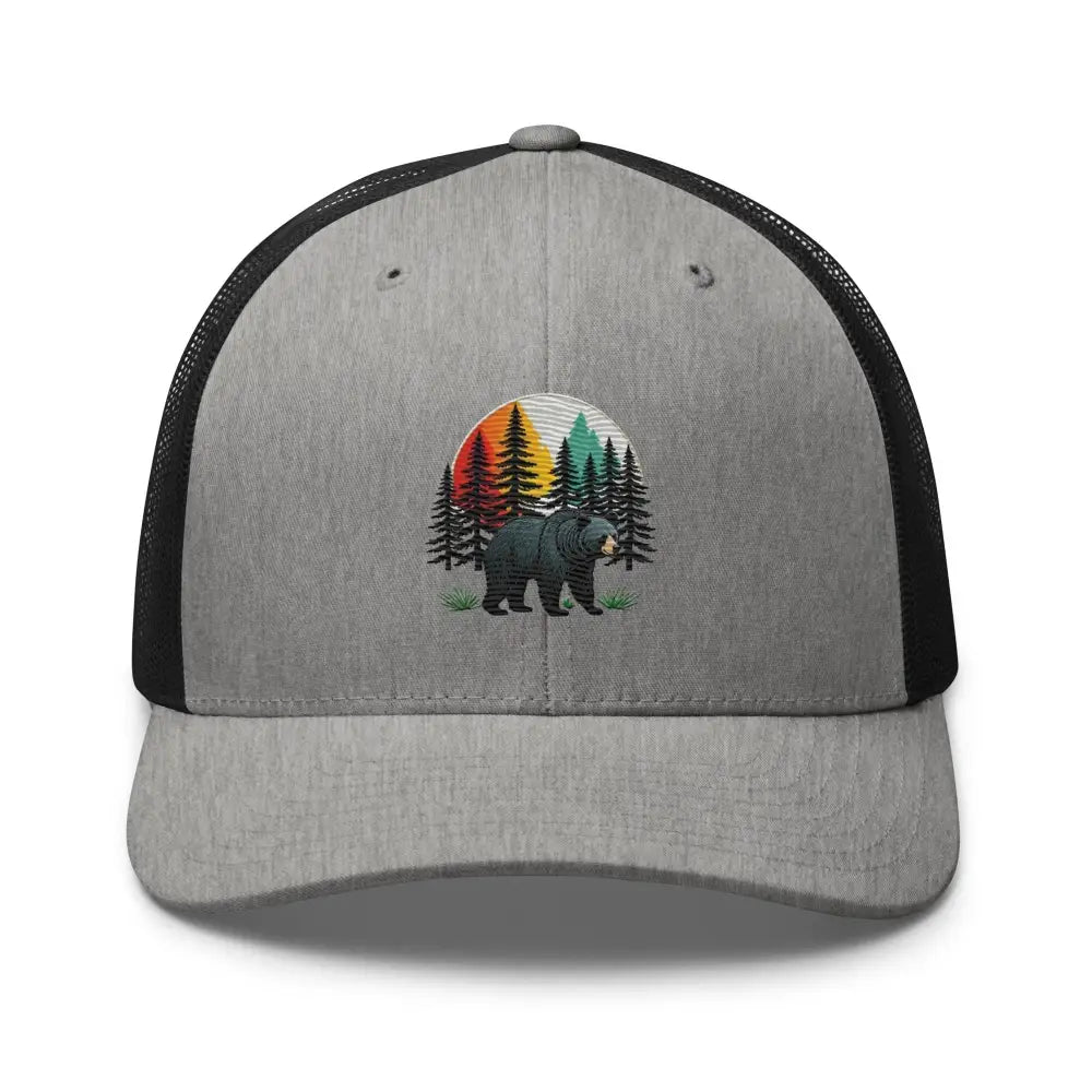 Gray and black trucker hat with embroidered bear and forest design, perfect for forest guardian black style