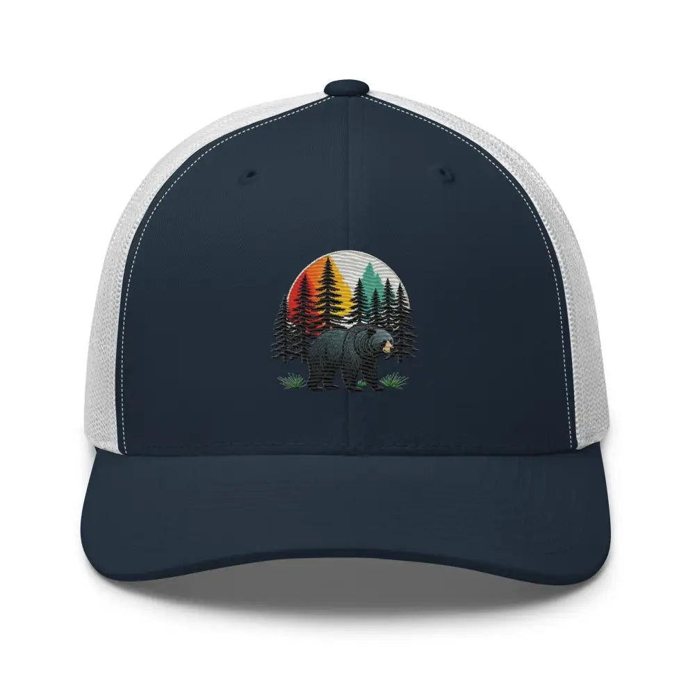 Navy blue and white mesh trucker hat with embroidered bear forest scene, perfect for forest guardian black fans