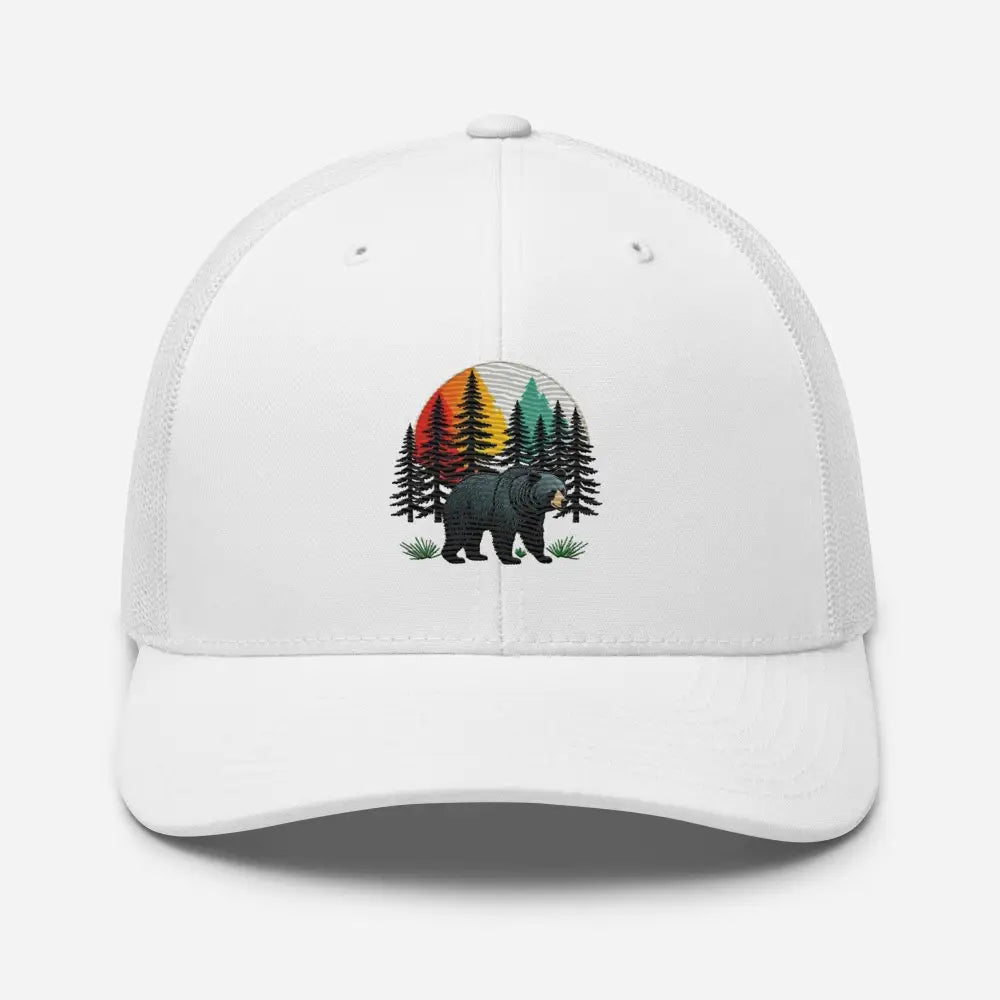 White trucker hat with colorful embroidered bear and forest design, ideal for forest guardian black fans
