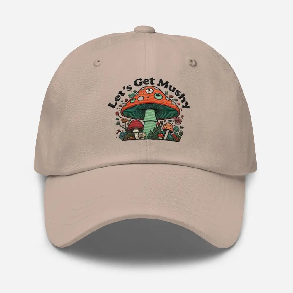Beige Whimsical Mushroom Festival hat with colorful forest mushroom graphic
