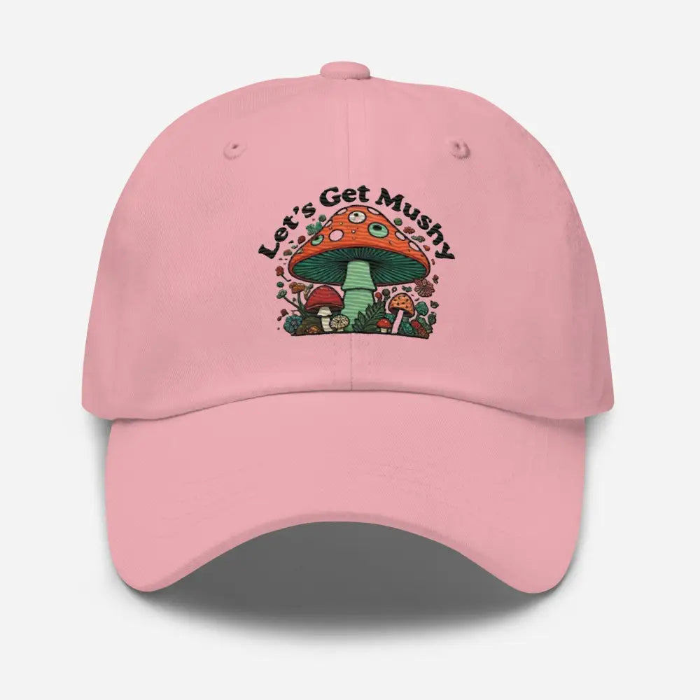 Pink baseball cap with whimsical forest mushroom design and antique buckle strap for festival goers
