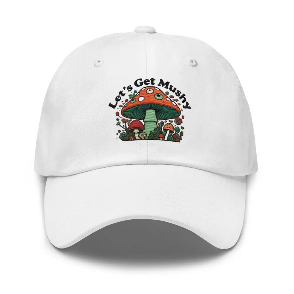 White baseball cap with colorful Let’s Get Mushy mushroom graphic and antique buckle strap