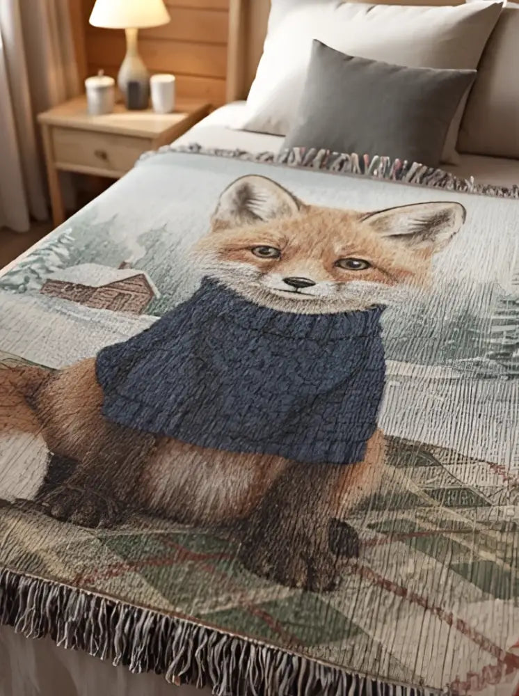 Cozy fox winter cabin blanket with vintage inspired woodland fox in sweater on snowy scene