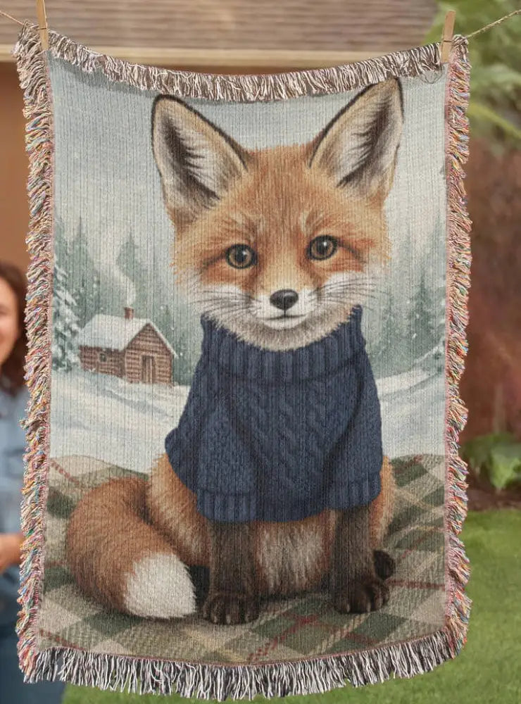 Cozy red fox in navy sweater on snowy cabin tapestry, vintage inspired woodland rustic lodge decor