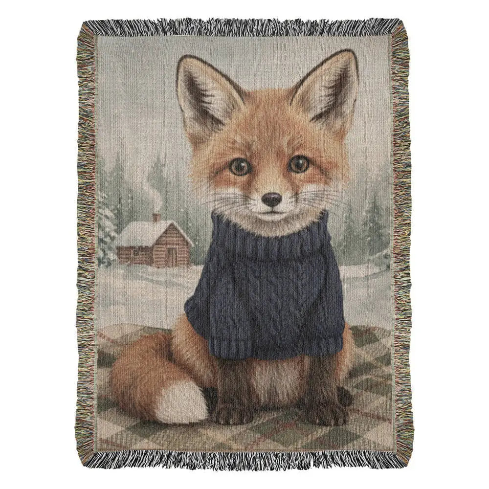 Cozy red fox in sweater on fox winter cabin blanket, vintage inspired woodland rustic lodge decor