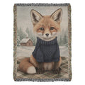 Cozy red fox in sweater on fox winter cabin blanket, vintage inspired woodland rustic lodge decor
