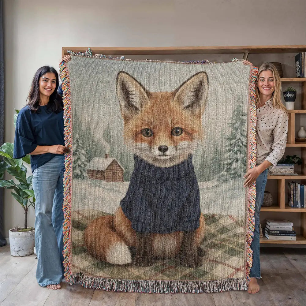 Cozy fox winter cabin woven blanket with vintage inspired woodland art