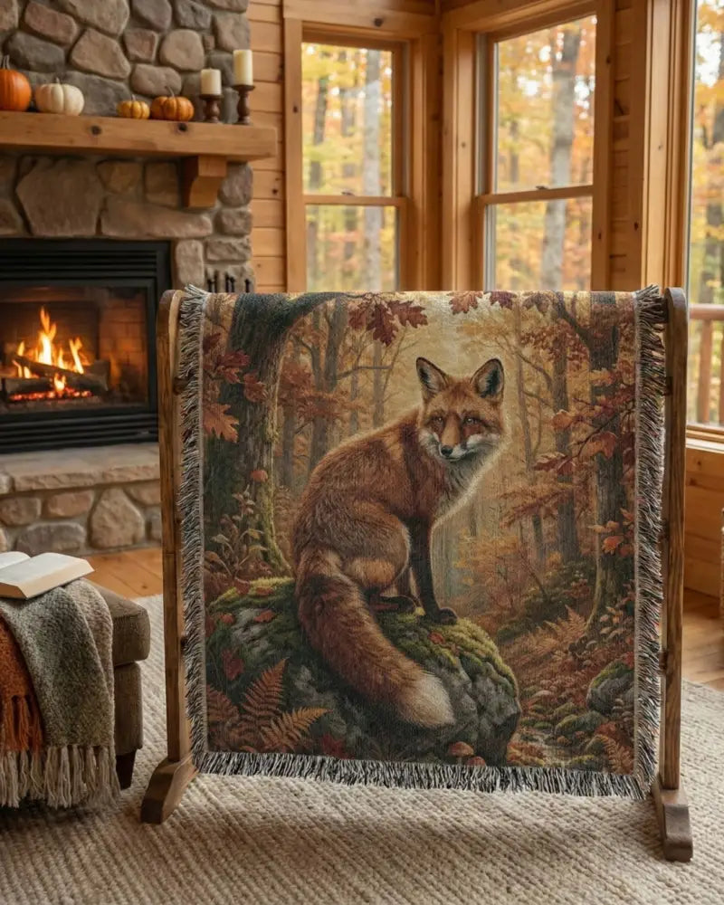 Red fox woven blanket with autumn foliage and wildlife throw nature design