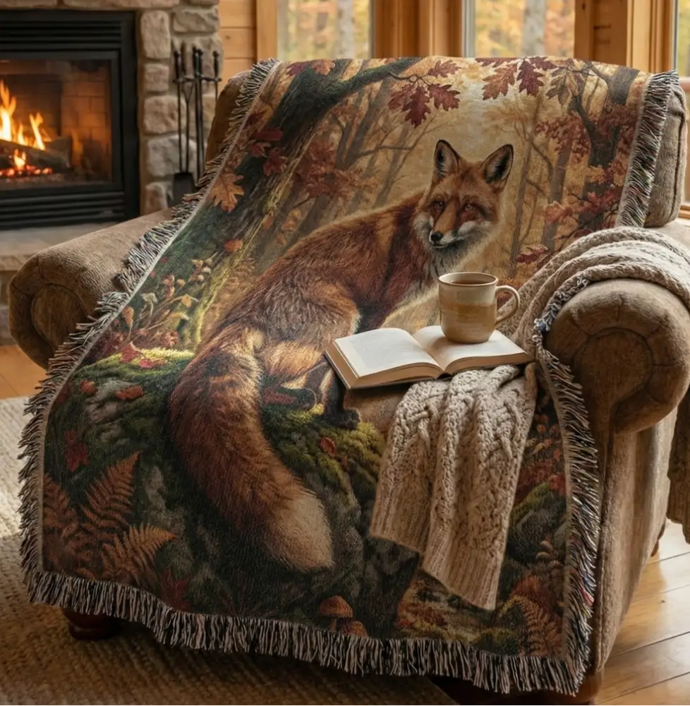 Cozy fox woven blanket with autumn forest wildlife throw nature scene