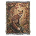 Fox woven blanket: red fox on mossy rock in autumn forest wildlife throw nature