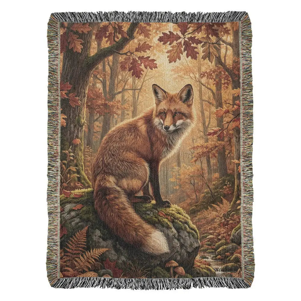 Fox woven blanket: red fox on mossy rock in autumn forest wildlife throw nature