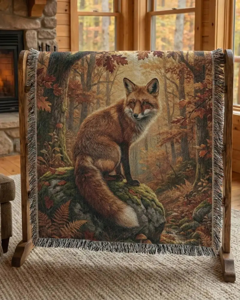 Richly detailed fox woven tapestry on wooden stand, wildlife throw nature design