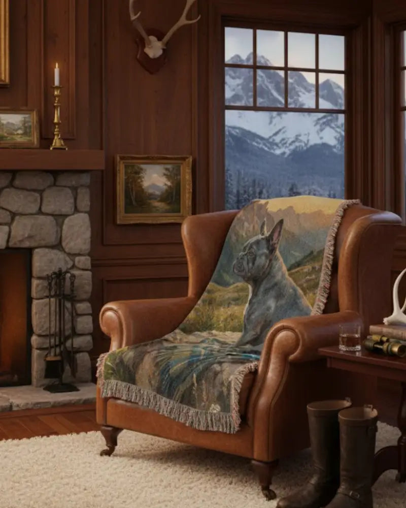 Cozy armchair with woven cotton throw of French bulldog at alpine sunrise