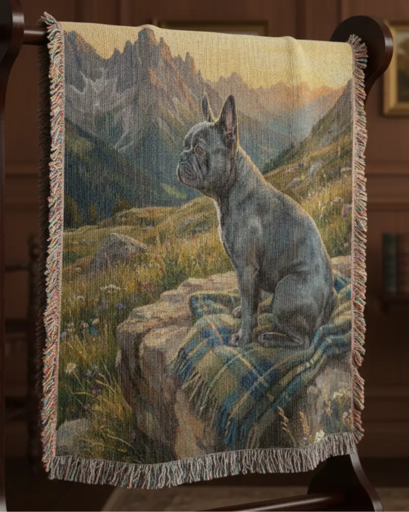 Woven cotton throw of gray French bulldog at alpine sunrise in mountains