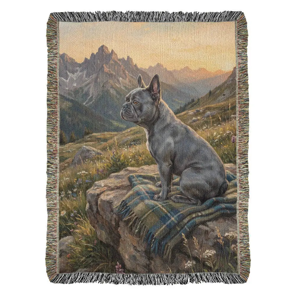 Gray French bulldog on rock at alpine sunrise, woven cotton throw