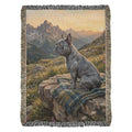 Gray French bulldog on rock at alpine sunrise, woven cotton throw