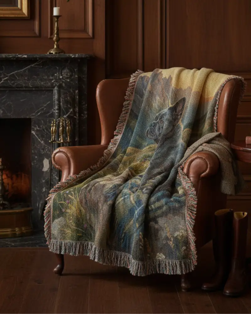 Woven cotton throw with French Bulldog at alpine sunrise design