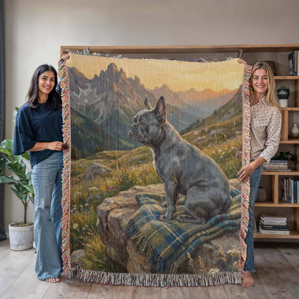 Gray French bulldog on rocks at alpine sunrise, woven cotton throw