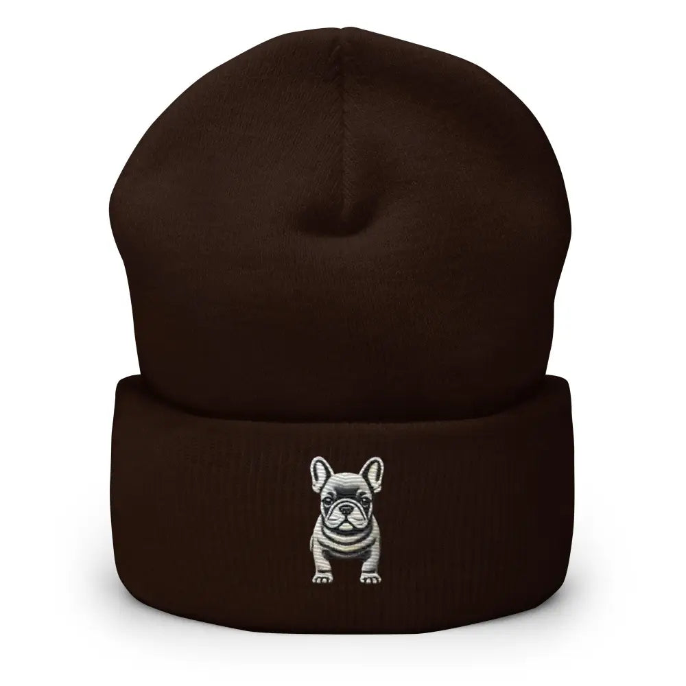 Dark brown French bulldog embroidered cuffed beanie by Trini Skies