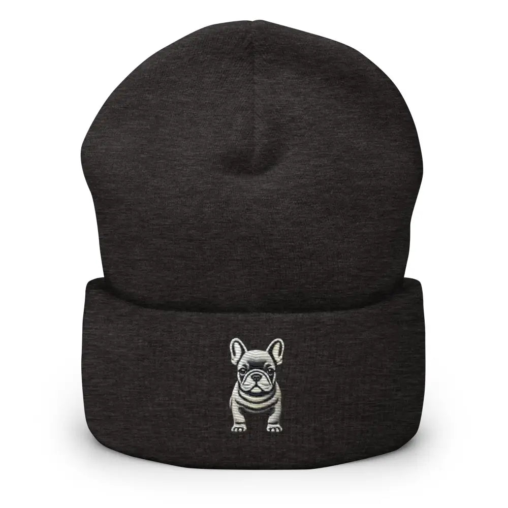 Dark gray French bulldog embroidered cuffed beanie by Trini Skies
