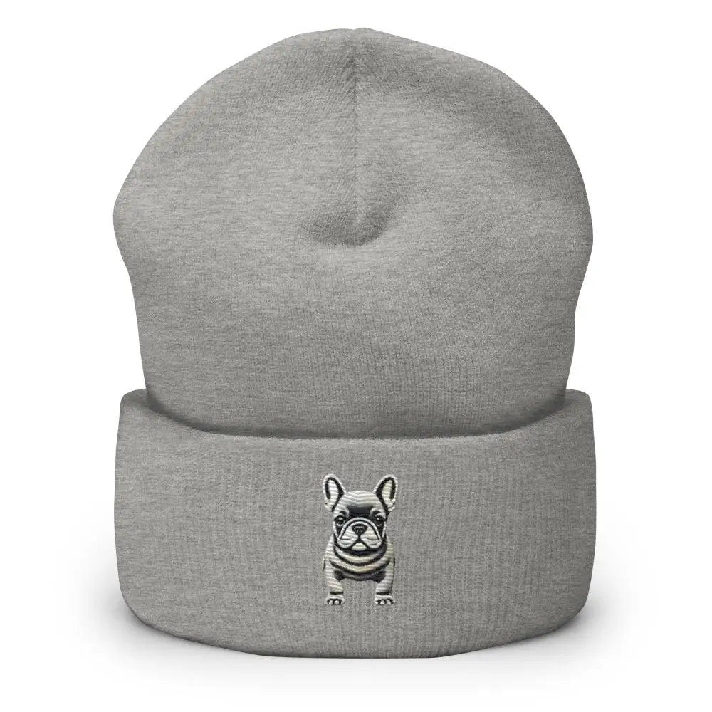Gray French Bulldog Embroidered Cuffed Beanie by Trini Skies