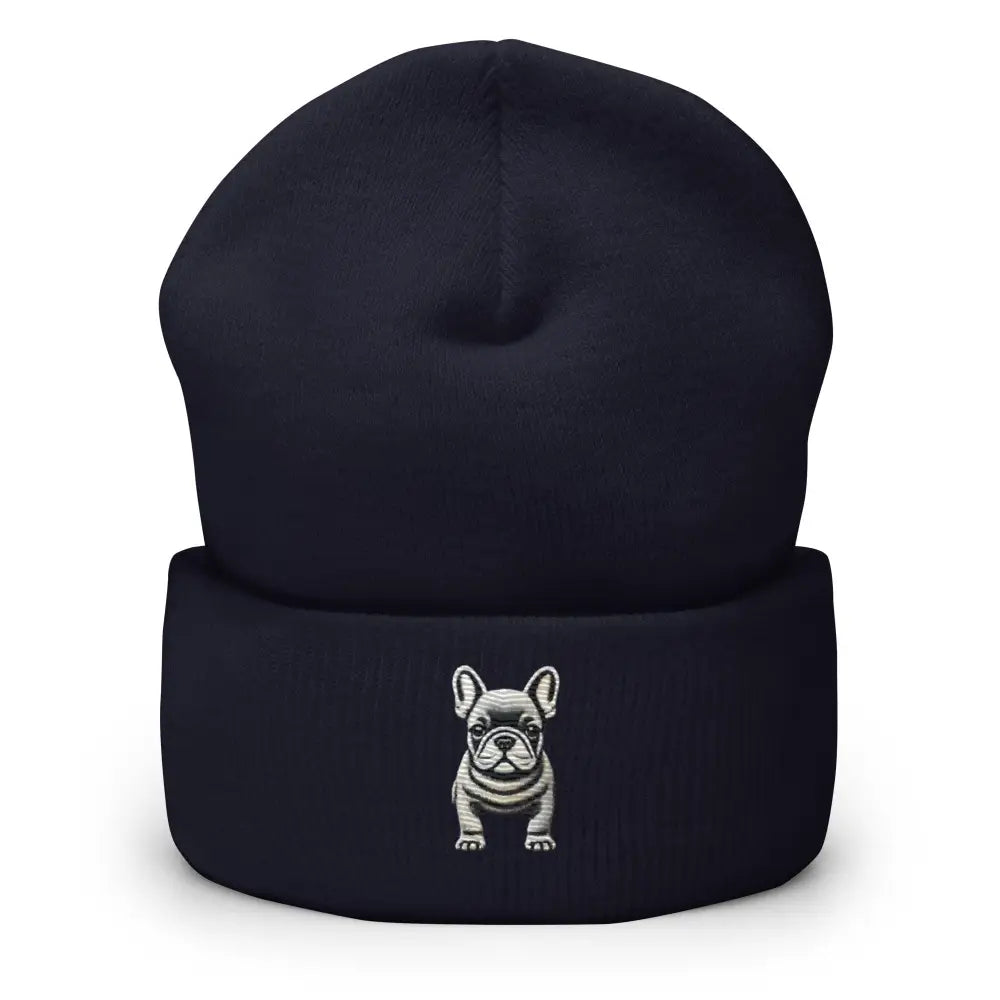 Dark blue French bulldog embroidered cuffed beanie by Trini Skies