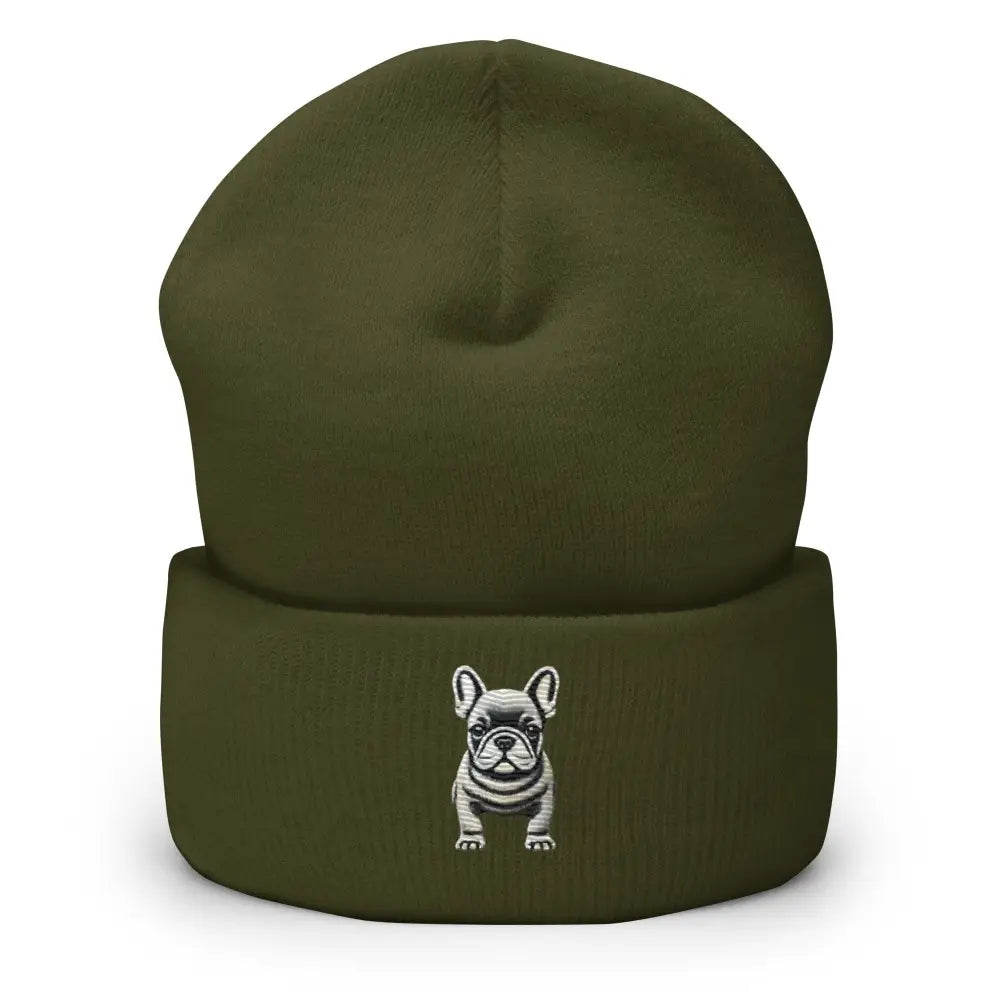 Olive green French bulldog embroidered cuffed beanie by Trini Skies