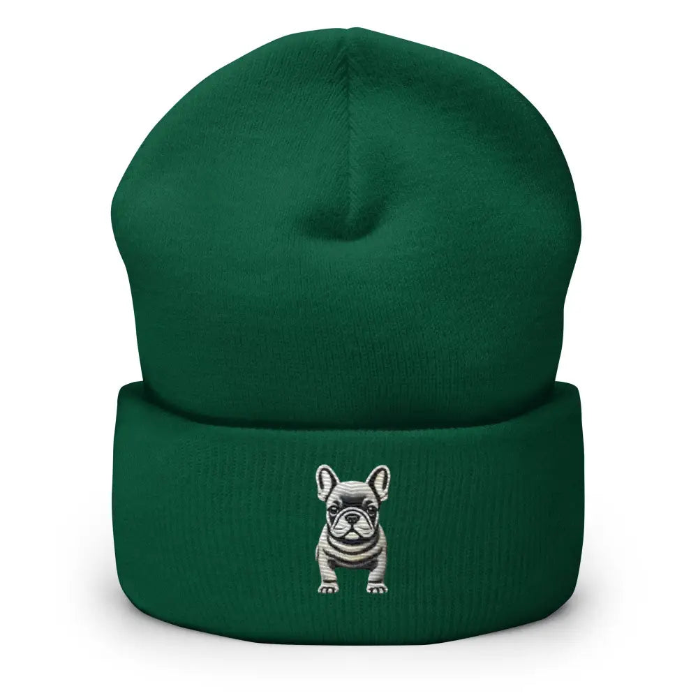 Dark green French bulldog embroidered cuffed beanie by Trini Skies