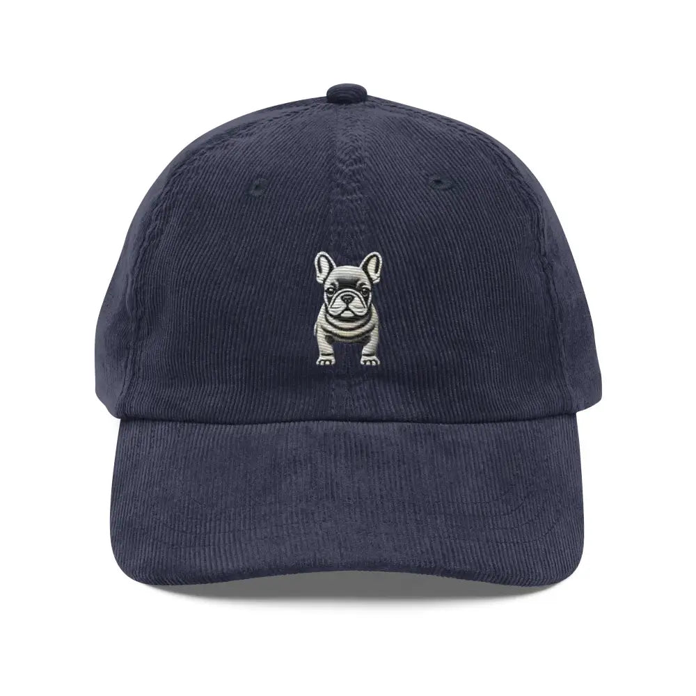 Navy blue vintage corduroy cap with embroidered French Bulldog