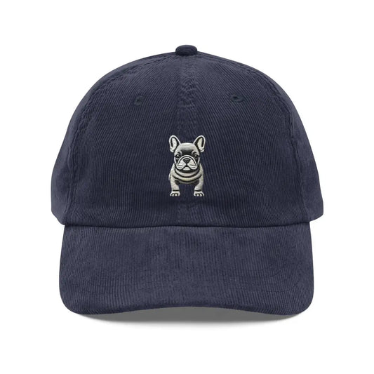 French Bulldog Embroidered Vintage Corduroy Cap - Navy - Hats navy blue corduroy baseball cap 1
