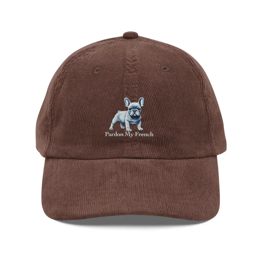 Brown French Bulldog Embroidered Corduroy Cap with Adjustable Strap