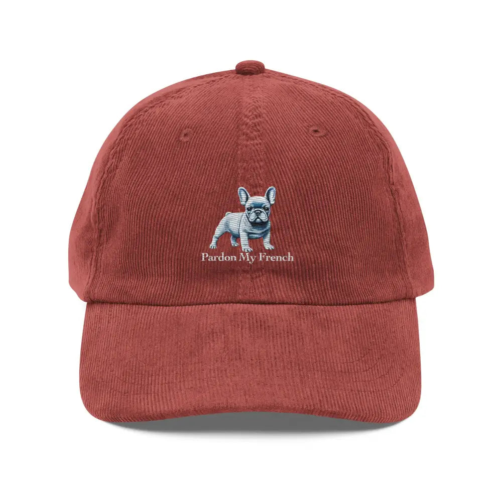 Red French Bulldog Embroidered Corduroy Cap with Adjustable Strap
