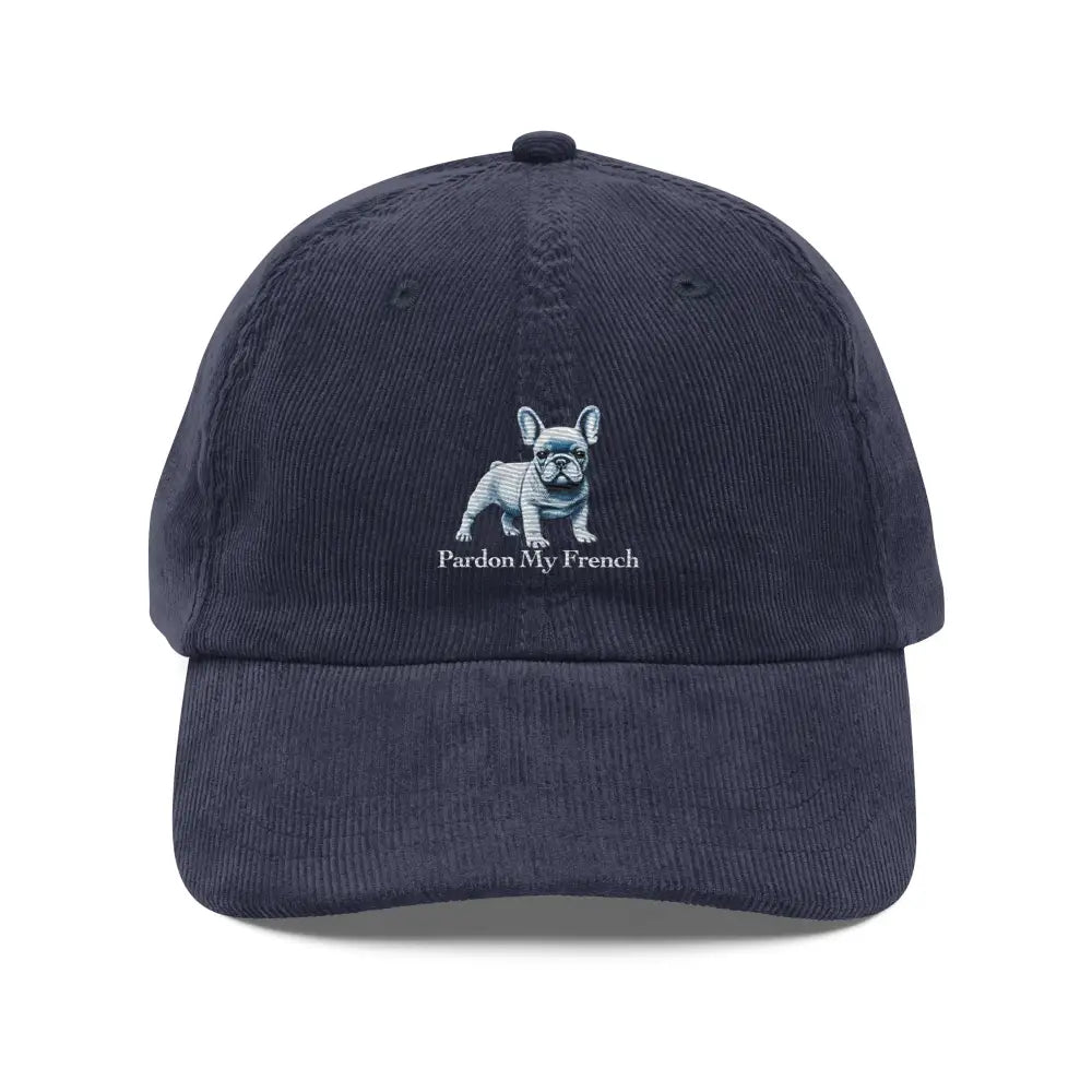 Dark blue French bulldog embroidered corduroy cap with adjustable strap