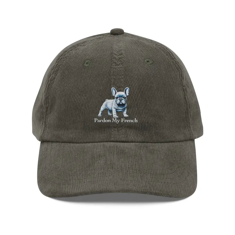 Olive green corduroy cap with French bulldog embroidered adjustable strap