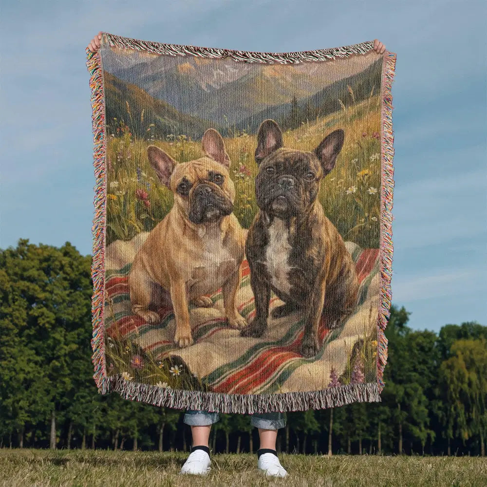 Woven cotton blanket with french bulldogs in alpine meadow, pet lover gifts