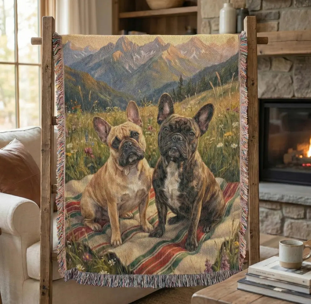 French bulldogs in alpine meadow woven cotton blanket pet lover gift