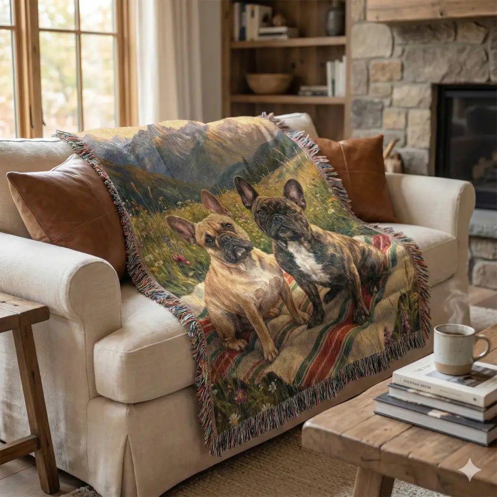 Cozy woven cotton blanket with french bulldogs in alpine meadow, pet lover gifts