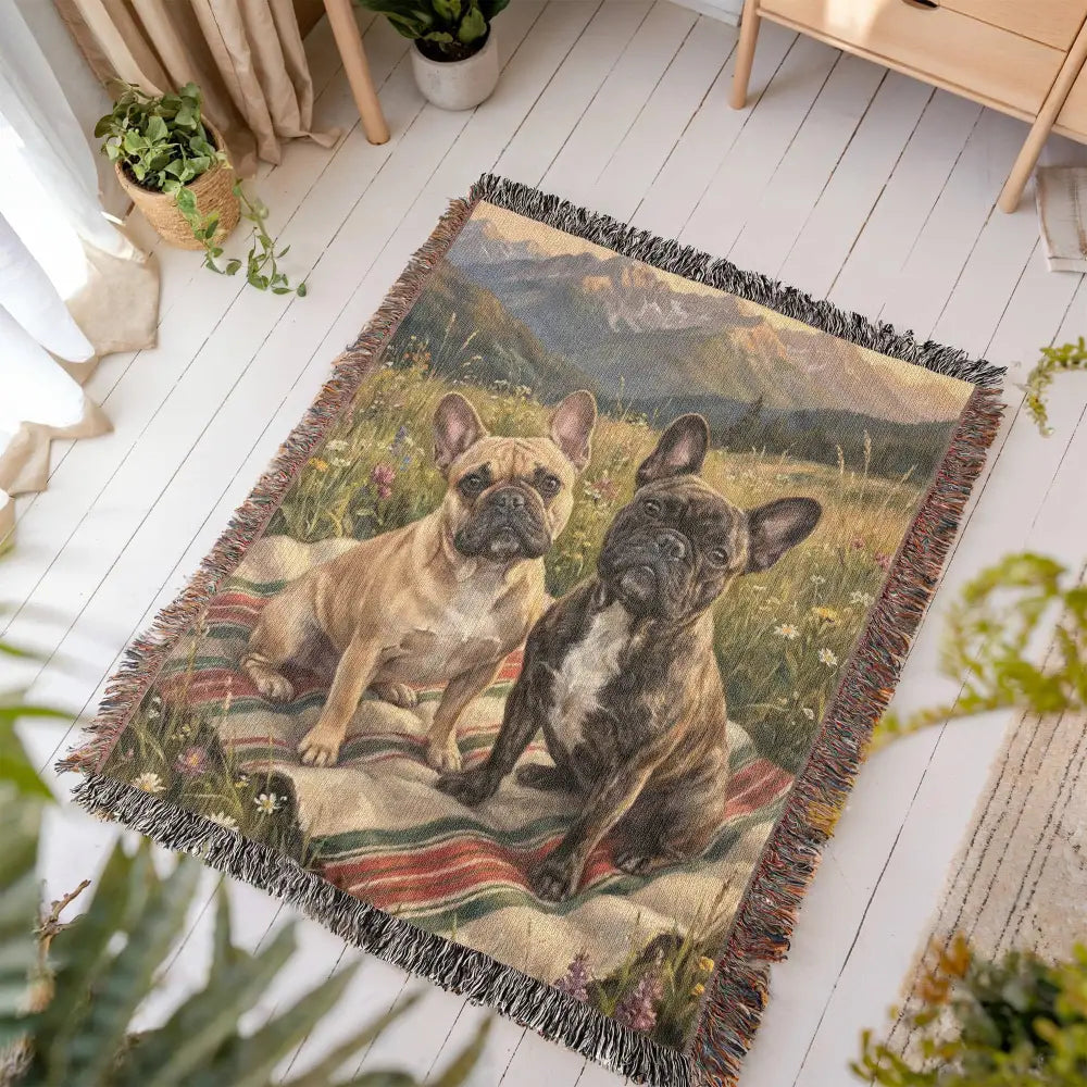 French bulldogs on woven cotton blanket in alpine meadow pet lover gift
