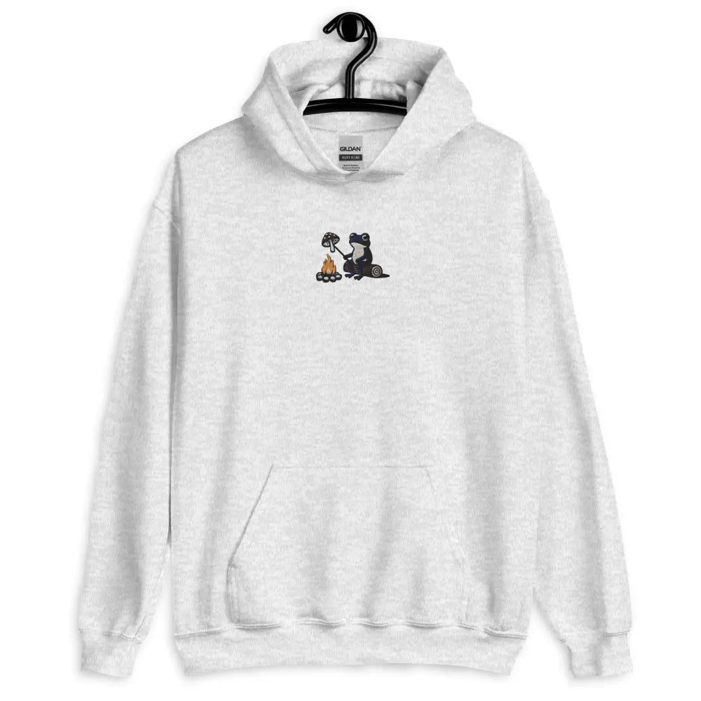 Light gray unisex Frog by the Fire cozy hoodie with black dog embroidery
