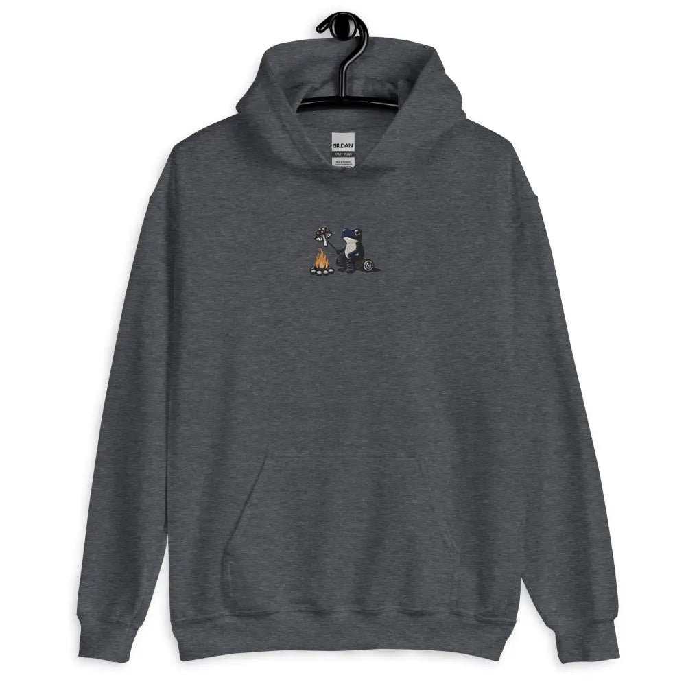 Dark gray Frog by the Fire cozy hoodie with embroidered animals by campfire