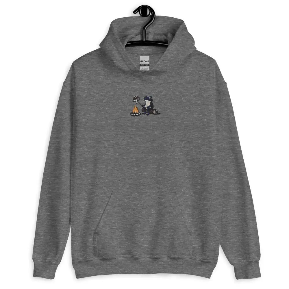 Dark gray Frog by the Fire hoodie with embroidered animal by campfire