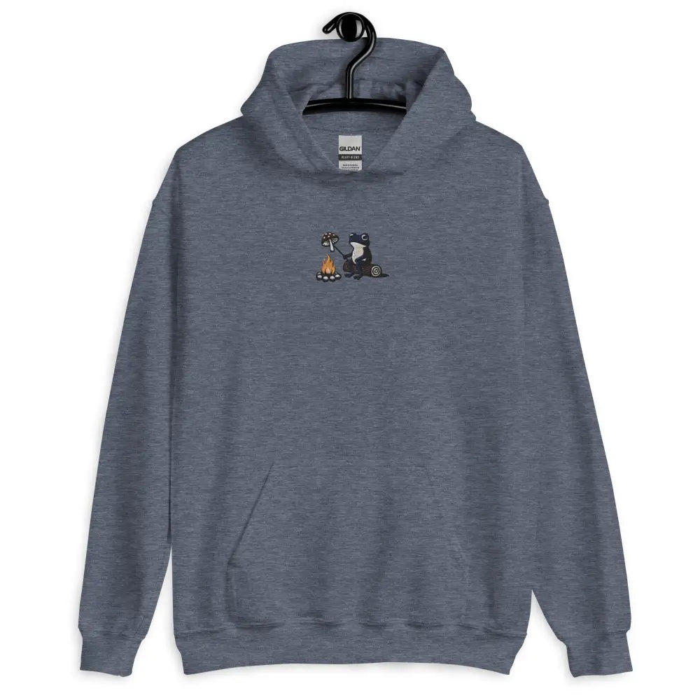 Grey Gildan Frog by the Fire Cozy Hoodie with mushroom roasting embroidery