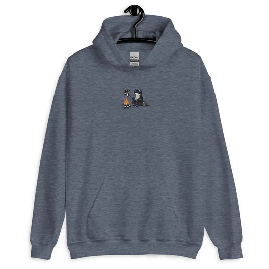 Grey Gildan Frog by the Fire Cozy Hoodie with mushroom roasting embroidery