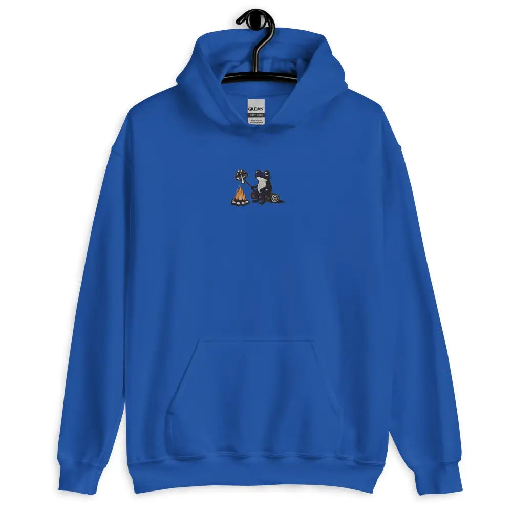 Blue hooded Frog by the Fire cozy hoodie with black cat roasting marshmallows
