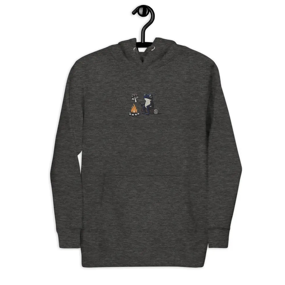 Dark gray heather unisex hoodie with mushroom roasting embroidery